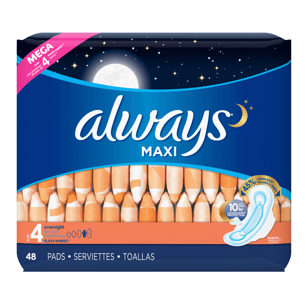 Always Overnight Maxi Pads With Wings 48ct
