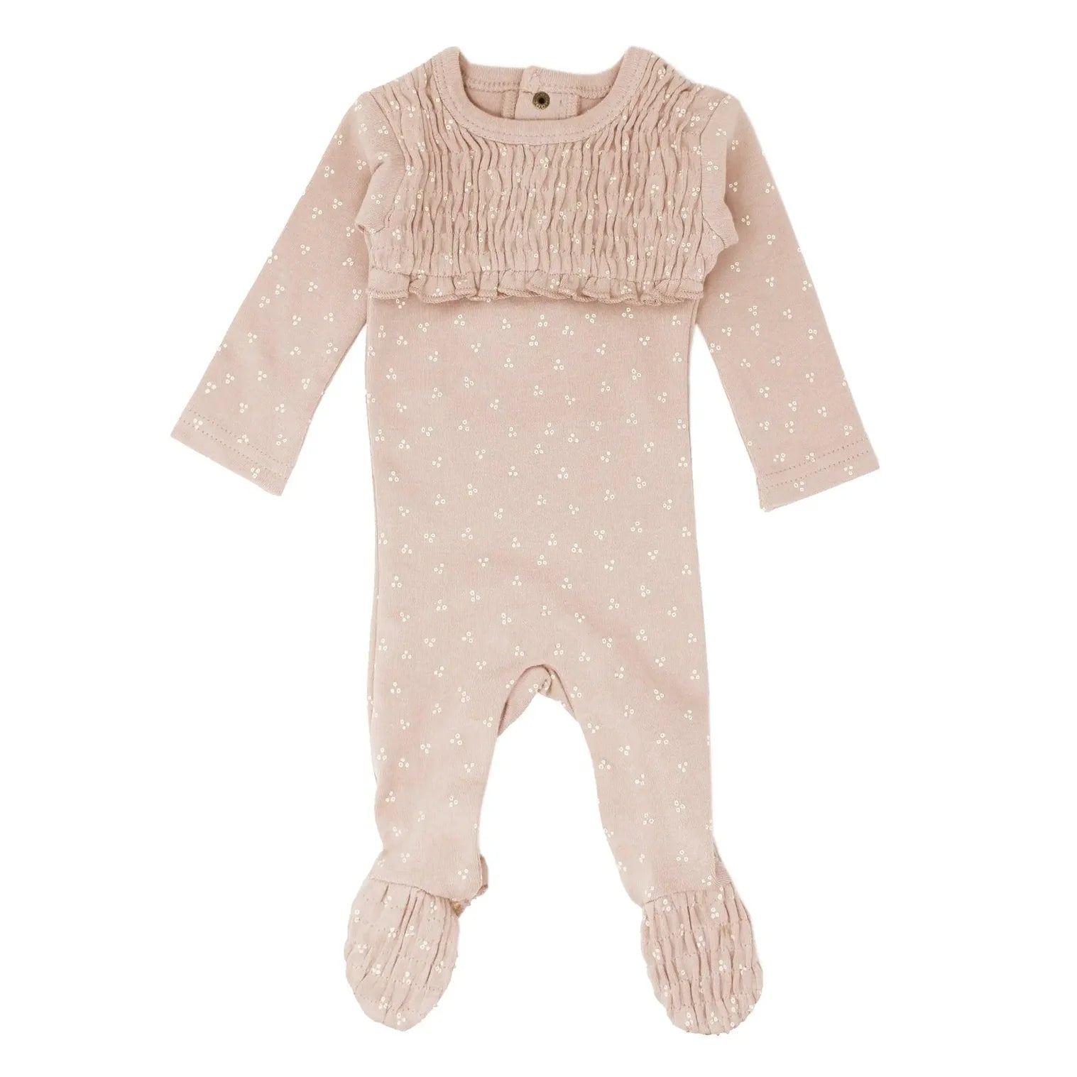 L’ovedbaby Organic Smocked Footie in Rosewater Dots 6-9m